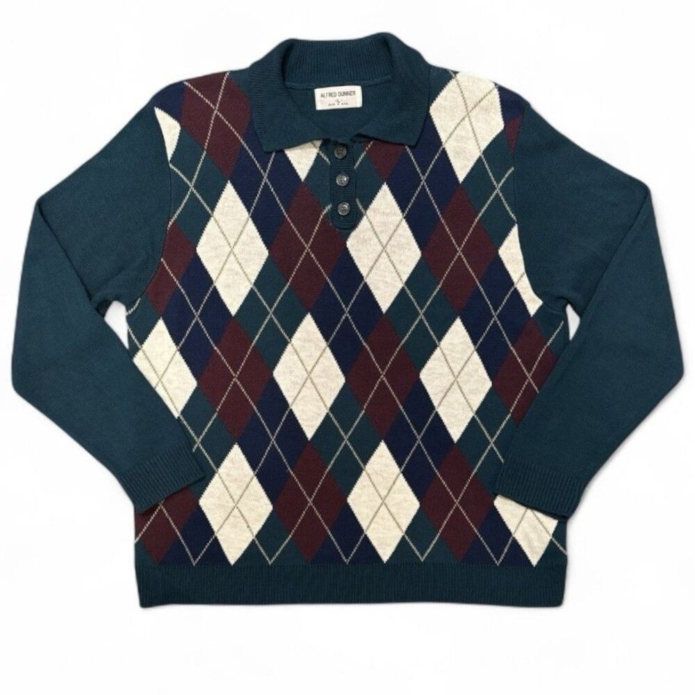 VTG Alfred Dunner Sweater 80s Sz L Diamond Argyle Collared Green Made USA Unisex